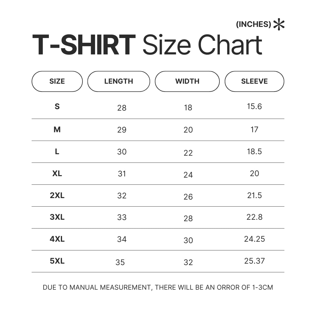 T shirt Size Chart - Dracula Merch